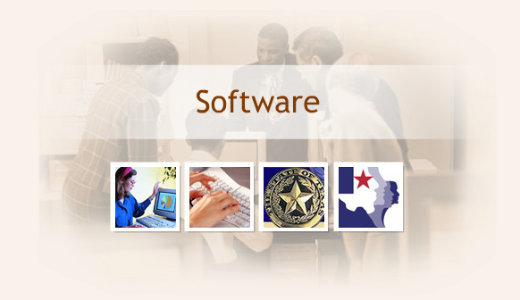 Software title screen showing collage of images: employee looking at computer, hands typing on keyboard, State of Texas seal, and HHS system logo